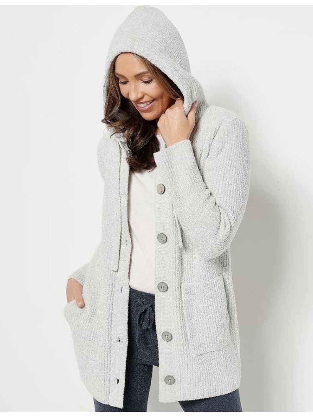 Barefoot Dreams | CozyChic Button Up Hooded Coat Light Gray Cardigan